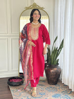 Thumbnail for The52 Rani Gorgeous Embroidered Chanderi Silk Fabric Straight Kurta Pant with Dupatta Set - Distacart