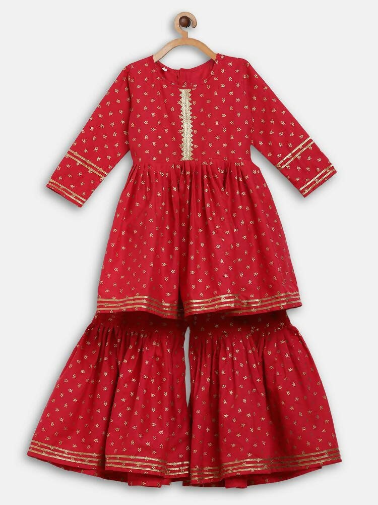 Ahalyaa Red Crepe Gold Printed Kids Kurta Sharara Set For Girls - Distacart