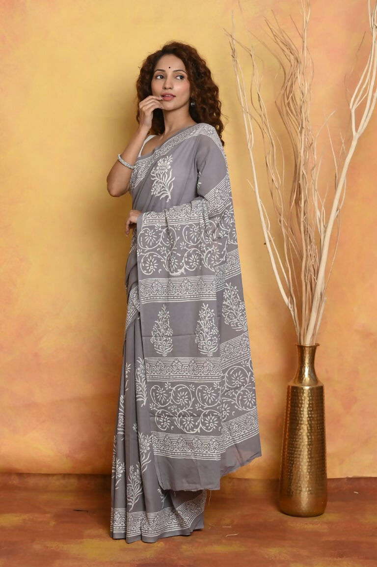 Very Much Indian Handblock Printed Cotton Saree With Natural Dyes - Grey - Distacart