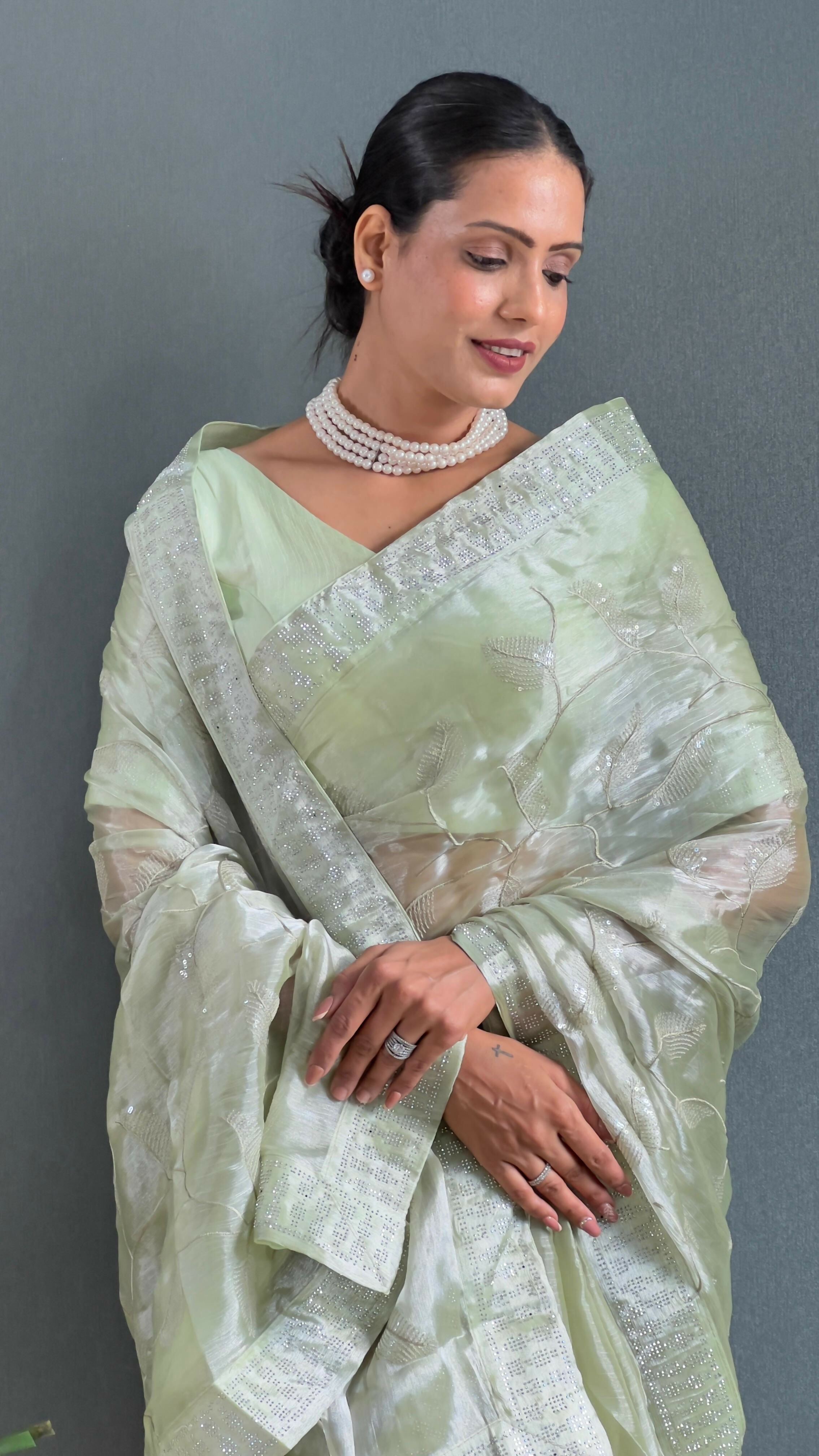 Preksha Creation Women Ready To Wear Saree Premium Burberry Silk Embellished With Beautiful Thread Work - Pista - Distacart
