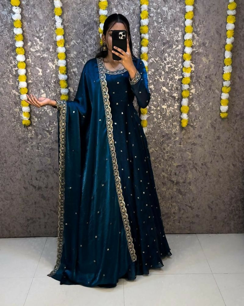 Teeya Creation Women's New Trendy Latest Designer Embroidery Anarkali Gown with Dupatta Set - Dista