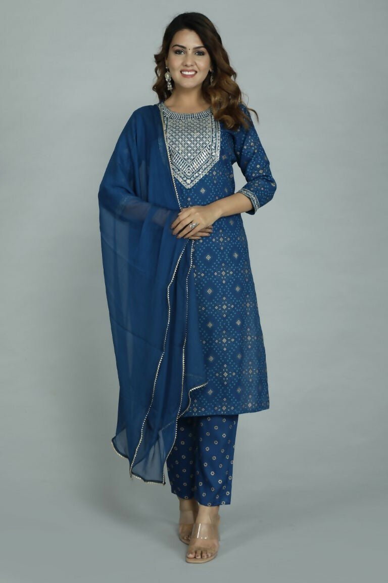 Alvano Printed Sequence Kurti with Pant and Dupatta set Rayon (Blue) - Distacart