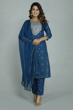 Thumbnail for Alvano Printed Sequence Kurti with Pant and Dupatta set Rayon (Blue) - Distacart