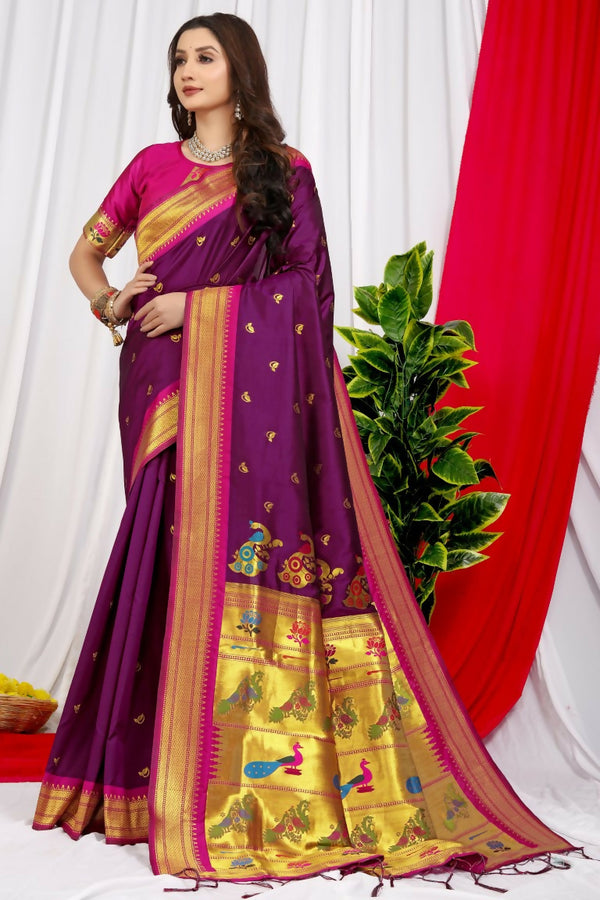 Jyoti Fashion Women's Wine Paithani Silk Zari Woven Saree with Blouse - Distacart