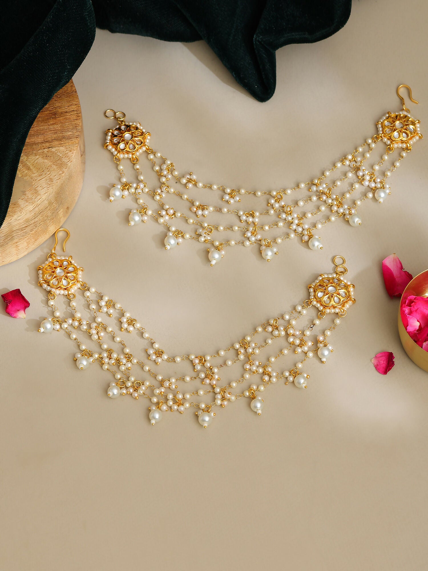 Ruby Raang Gold Kundan and Pearl Chain (set of 2) - Distacart