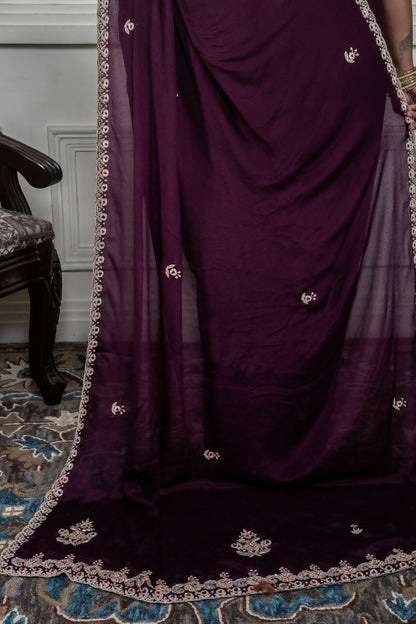 Morchari Wine Chiffon Hand Embroidery Saree And Stitched Blouse - Distacart