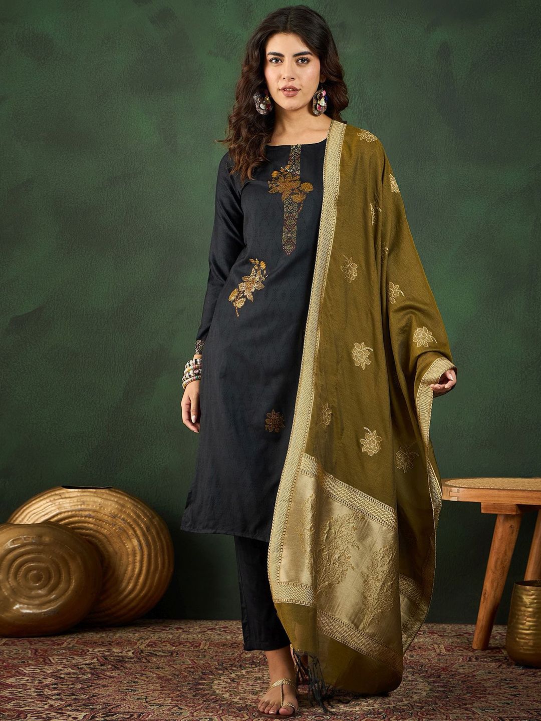 Sangria Self Designed Straight Kurta & Trousers With Dupatta - Distacart