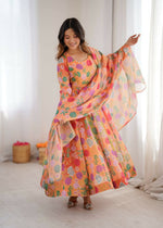 Thumbnail for Teeya Creation Orange Soft Organza Digital Printed Party Wear Long Gown - Distacart