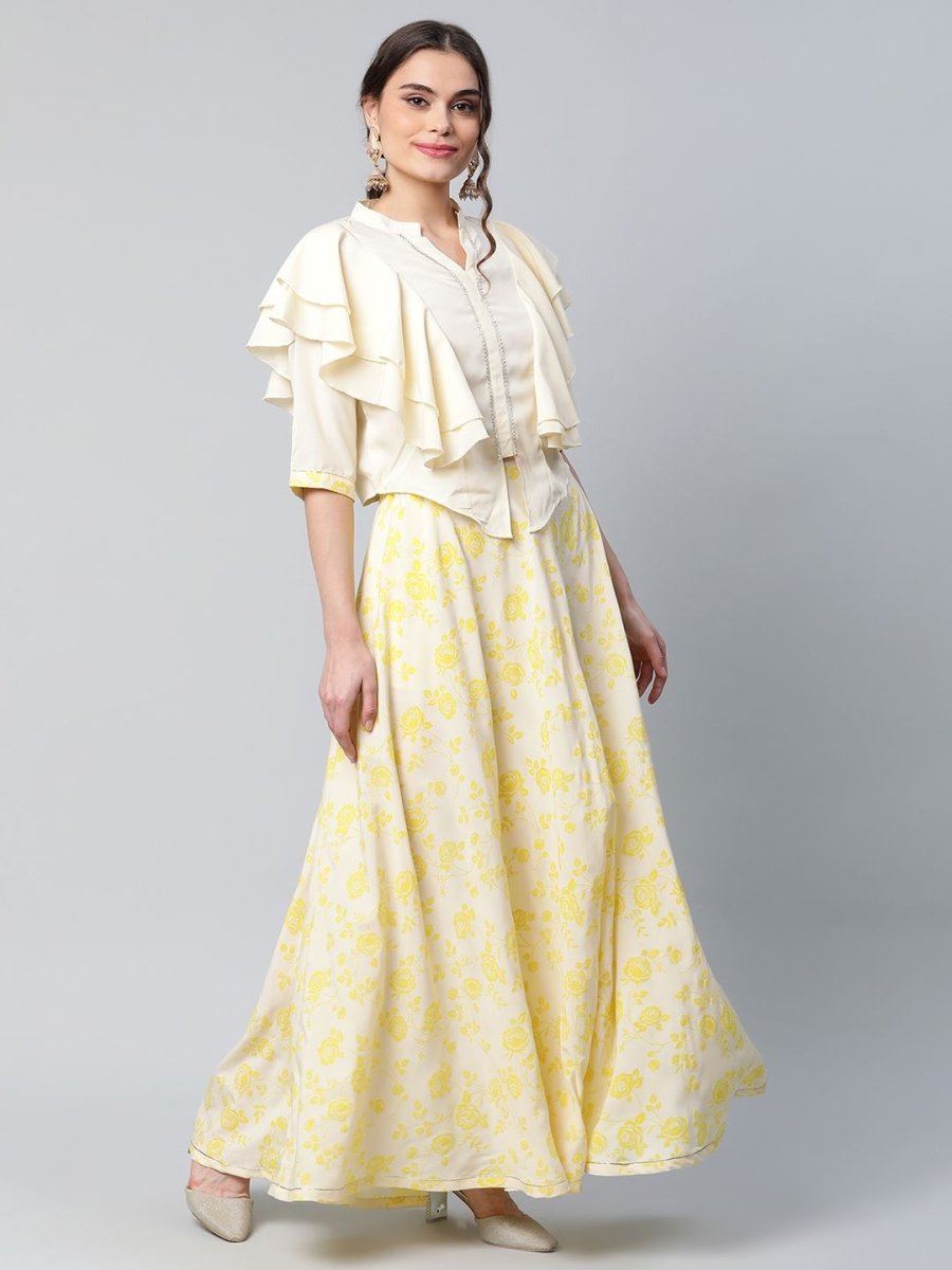 Ahalyaa Women Crepe Cream Solid Top with Printed Skirt with Ruffle Details - Distacart