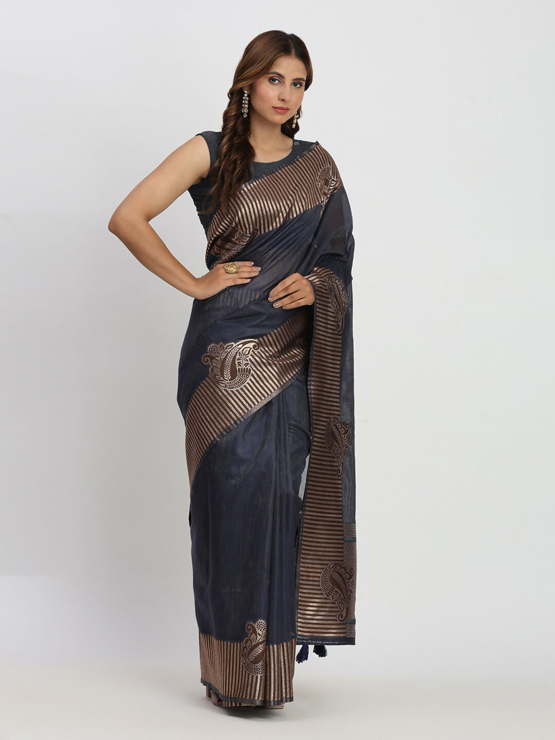 Astita Linen Cotton Navy Blue Saree