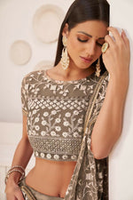 Thumbnail for Aastha Fashion Chocolate Brown Butterfly Net White Cotton Thread Work, Zari Work And Sandwich Sequence Work Embroidery Wedding Wear Lehenga Choli - Distacart