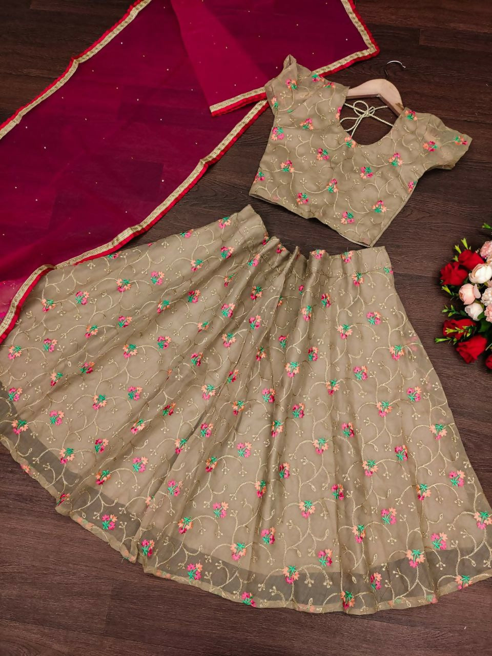 Jyoti Fashion Beautiful Beige Organza Silk Embroidered Kids Lehenga Choli Set - Distacart