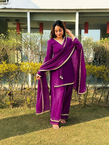 Teeya Creation New Trendy Elegant Wine Chanderi Silk Kurta Set with Delicate Lace Detailing and Matching Dupatta - Dista