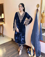 Thumbnail for Joban Fashion deep navy blue Velvet Embroidery Kurta Set
