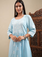 Thumbnail for Vishudh Blue Floral Embroidered Round Neck Thread Work Kurta With Palazzos