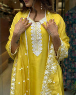 Thumbnail for The52 Yellow Women's Gorgeous Embroidered Georgette Fabric Straight Kurta Pant with Dupatta Set - Distacart