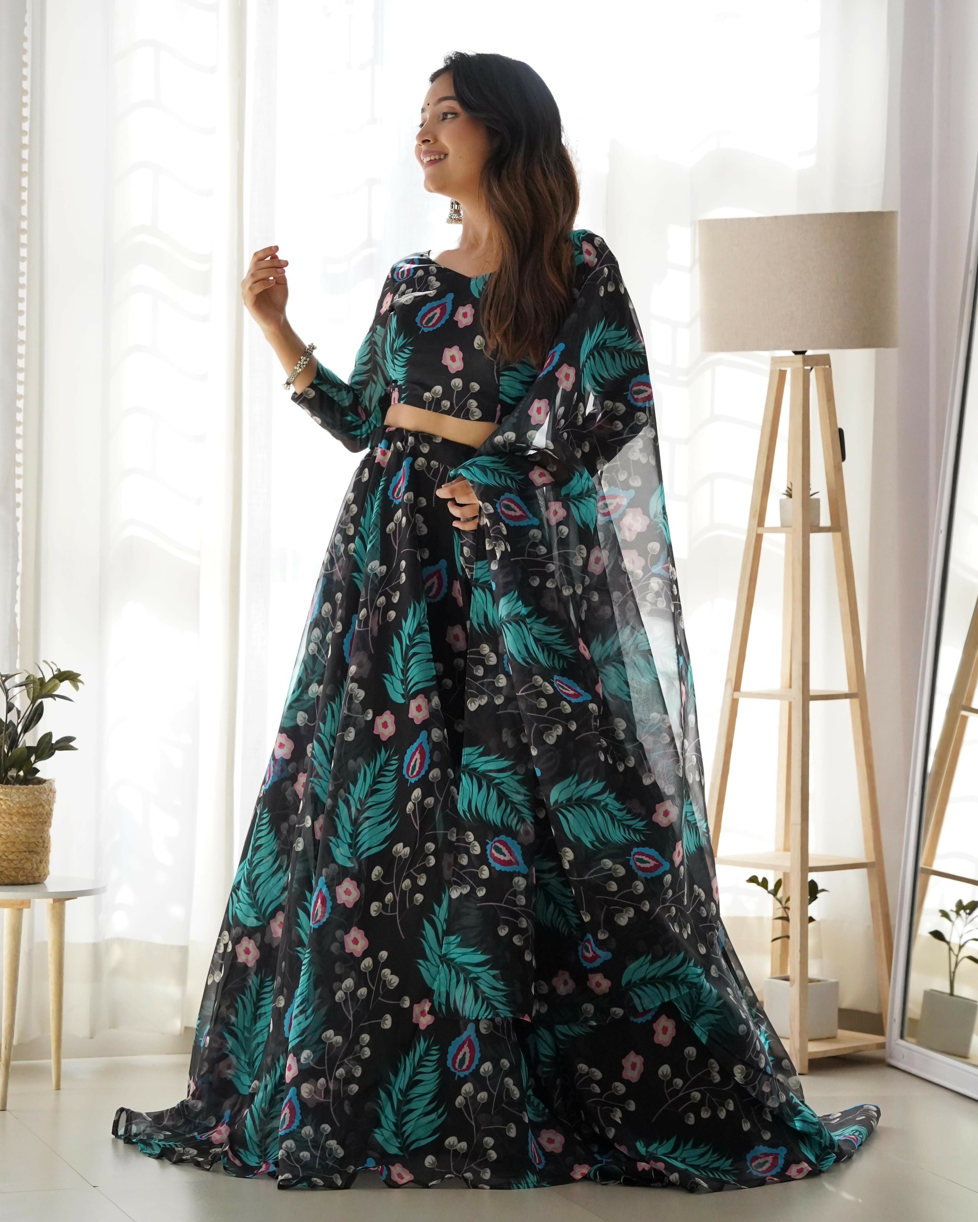 Preksha Creation Blue Tabby Silk Organza With Digital Print Women Lehenga Choli - Distacart