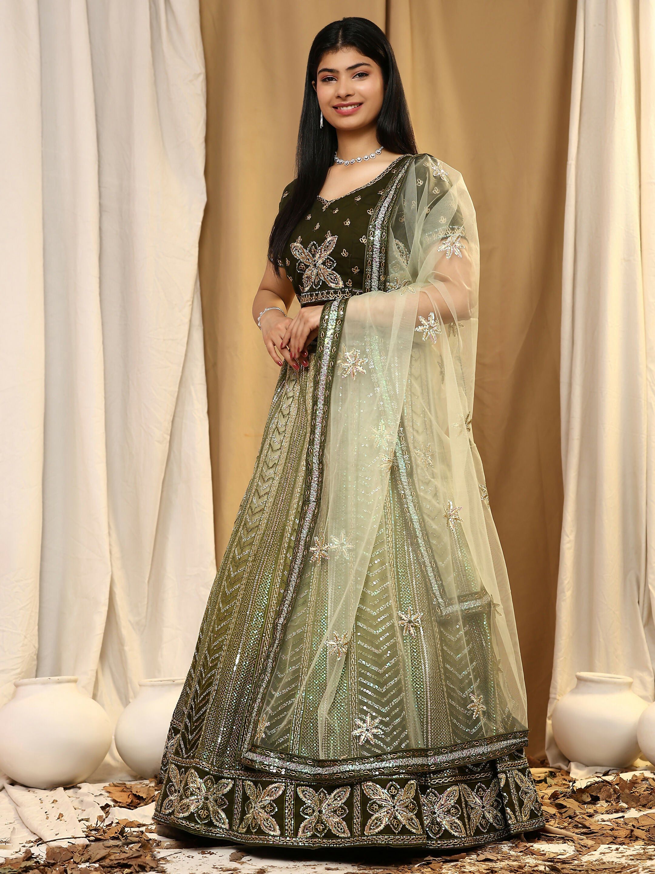 Green Fancy Net Sequence Embroidered Lehenga Choli with Dupatta - Dhara - Distacart