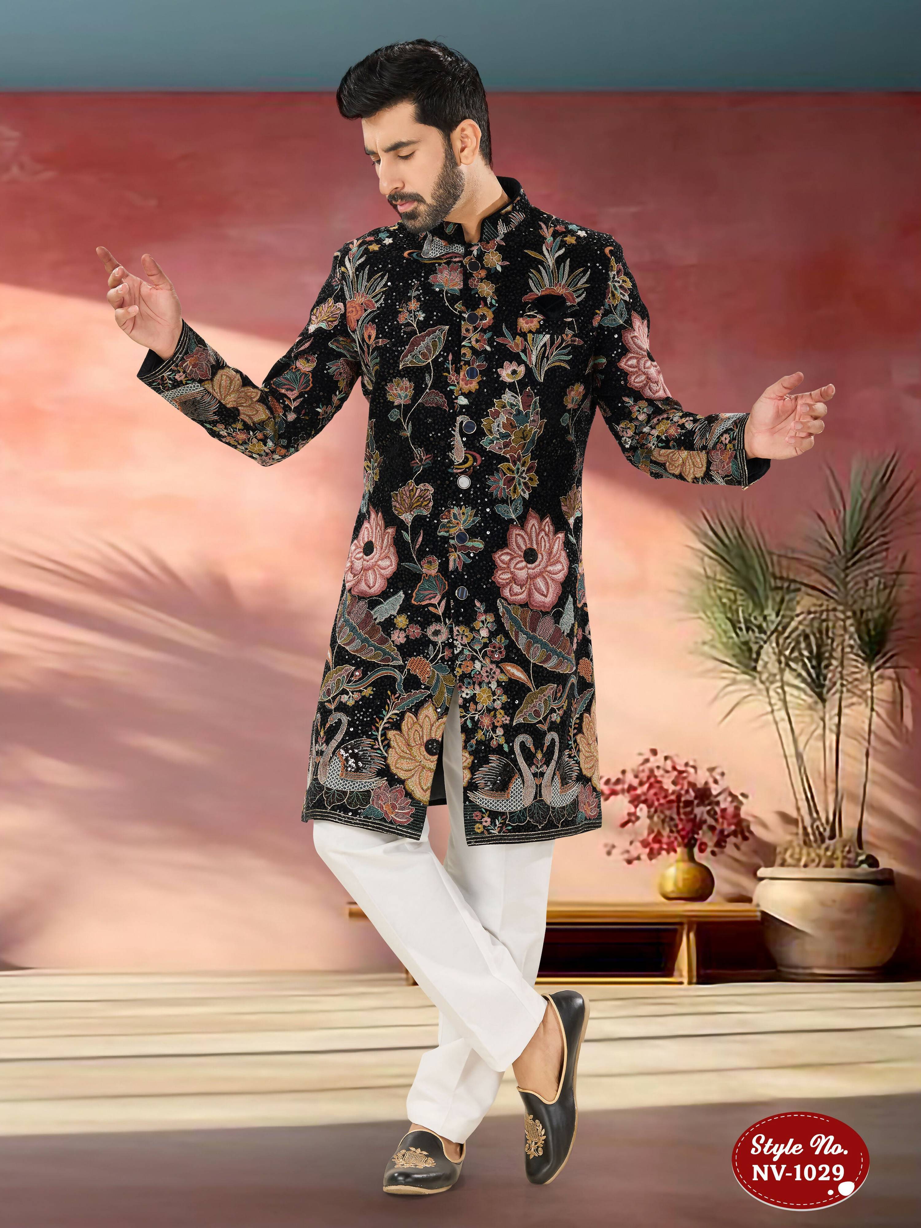 Joban Fashion Men's Blue Base ( Multi-Colour ) Straight Velvet Thread And Sequence Embroidary All Over Indo-Western Kurta Set - Distacart