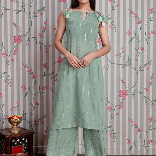 Ode by House of Pataudi Striped Straight Kurta with Palazzos - Distacart