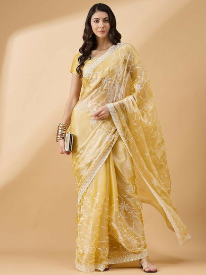 Yellow Tissue Slub Embroidered Saree with Unstitched Blouse - Vairagi - Distacart