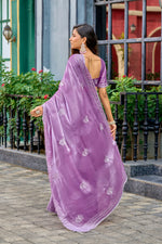 Thumbnail for Vastranavya Lavender Embroidery Work Shimmer Chiffon Saree with Unstitched Blouse
