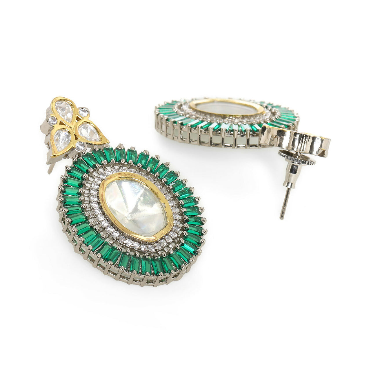 Kundan and Diamond with Green Stones Dangler Earrings (Green) - Ruby Raang - Distacart