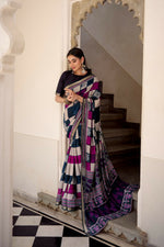 Thumbnail for Vastranavya Navy Blue Viscose Chanderi Printed with Temple Border Saree & Unstitched Blouse - Distacart