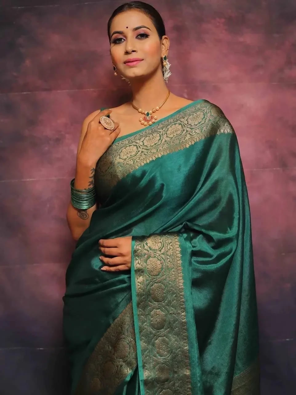 Prime Volt Green Banarasi Soft Lichi Silk Jacquard Saree with Rich Pallu and Matching Blouse