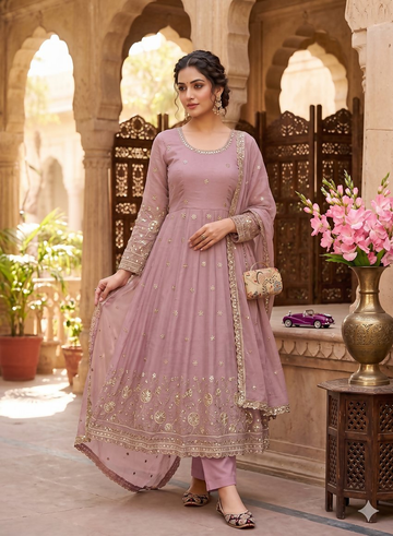 Teeya Creation Elegant Pink Embroidered Anarkali Kurta Set With Mirror Work Dupatta - Dista