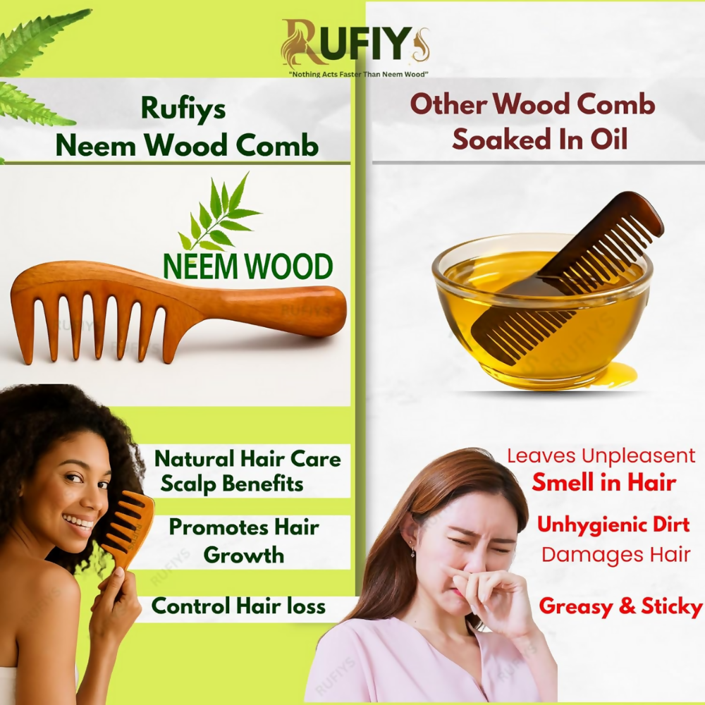 Rufiys Wooden Curly Hair Wide Neem Wood Comb - Distacart