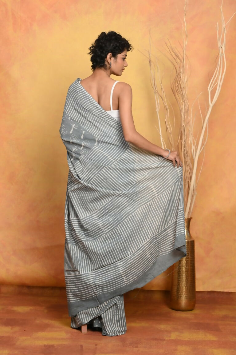 Very Much Indian Handblock Printed Cotton Saree With Natural Dyes - Grey - Distacart