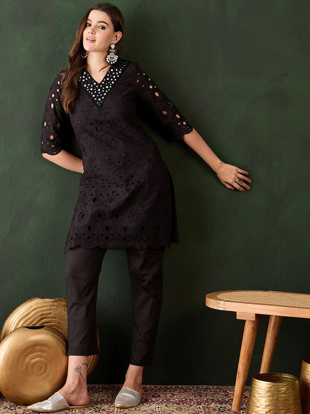 Sangria Embroidered Regular Mirror Work Pure Cotton Kurti With Trousers