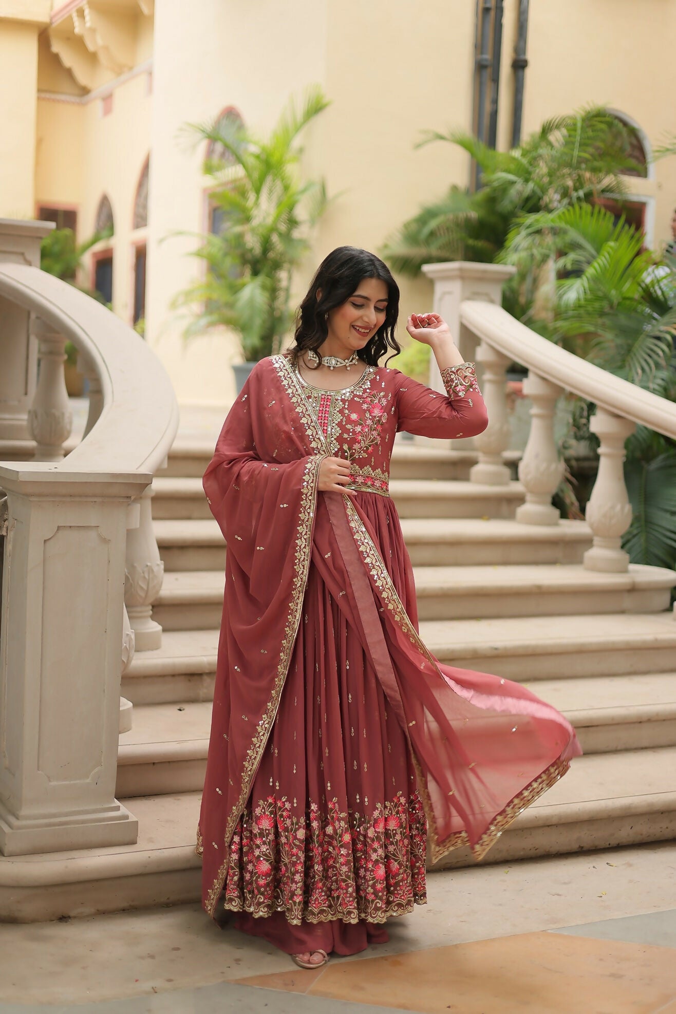 Joban Fashion Coffee Georgette Sequence Embroidery Work Kurta Set