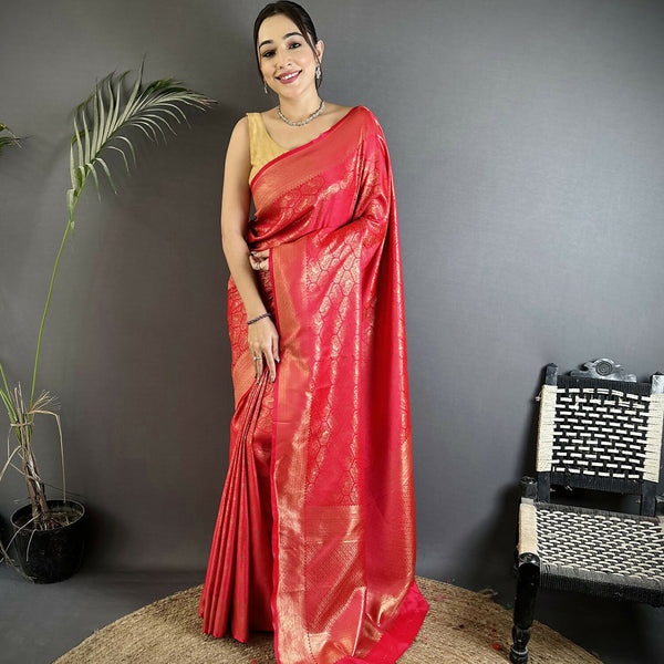 Joban Fashion Red Paisley & Floral Soft Satin Silk Banarasi Silk Saree - Distacart