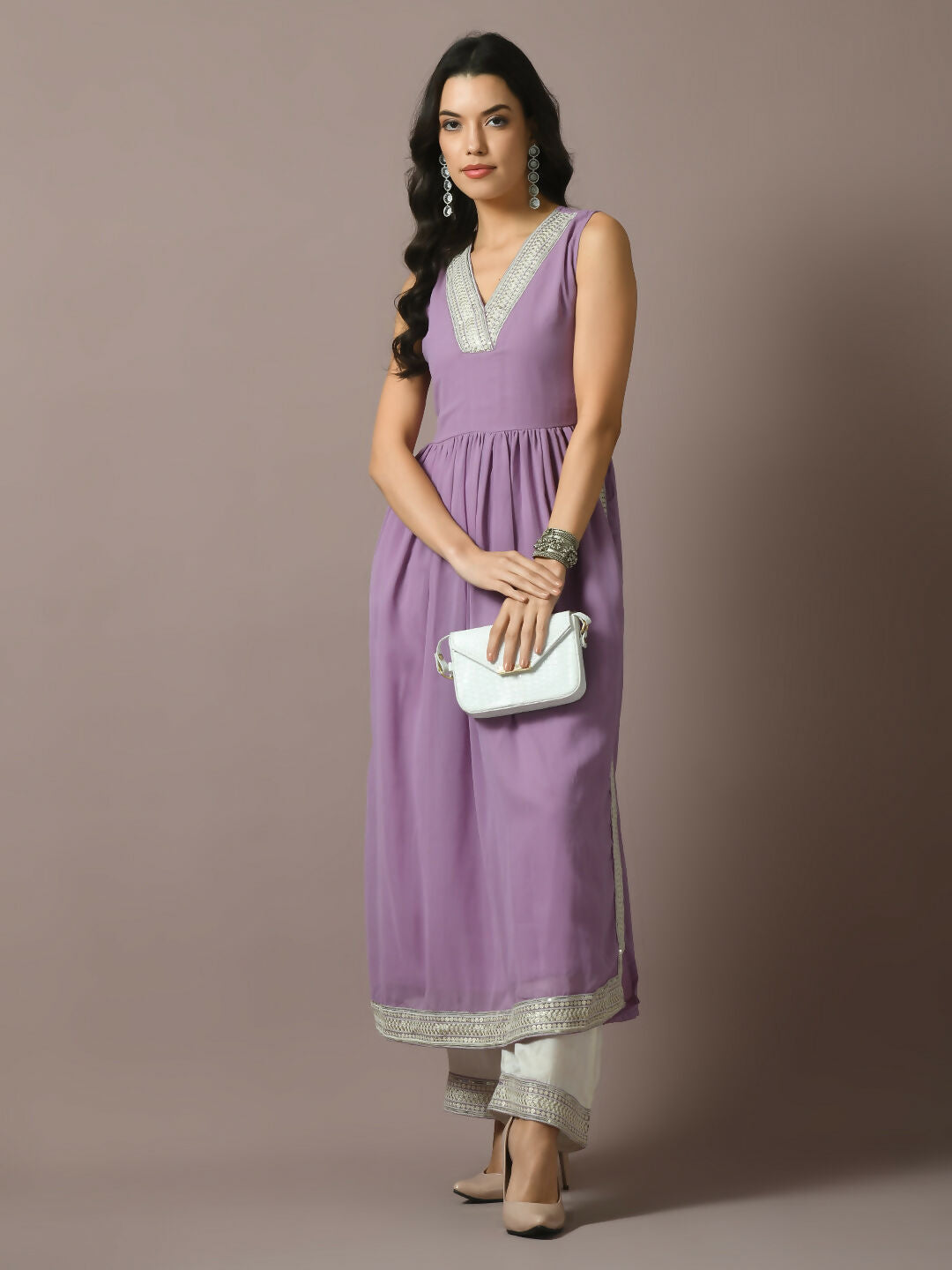 Myshka Women's Lavender Solid Georgette Anarkali Party Kurta Set - Distacart