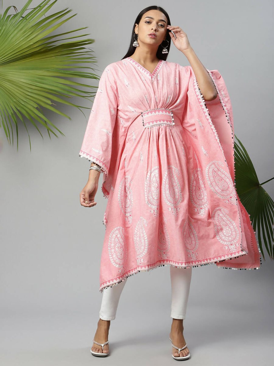Ahalyaa Women Pink Pure Cotton Printed Kaftan Kurta - Distacart
