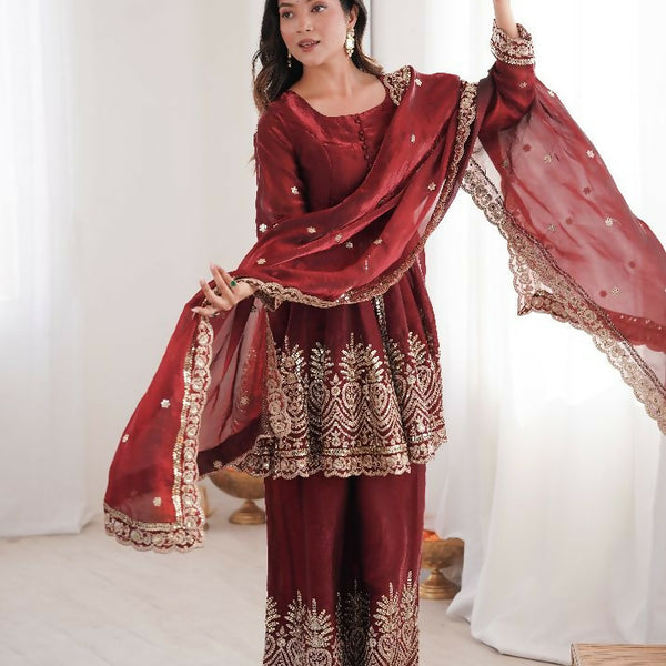 Teeya Creation Maroon Color Fendy Satin Silk Embroidery Work Party Wear Salwar Suit - Distacart