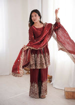 Thumbnail for Teeya Creation Maroon Color Fendy Satin Silk Embroidery Work Party Wear Salwar Suit - Distacart