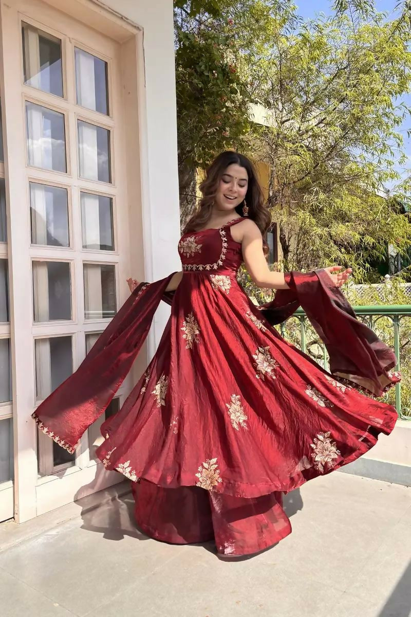 Teeya Creation Womens Best Heavy Quality Fabric With Met Sequence Embroidery Zari Work Maroon Gown Set - Dista