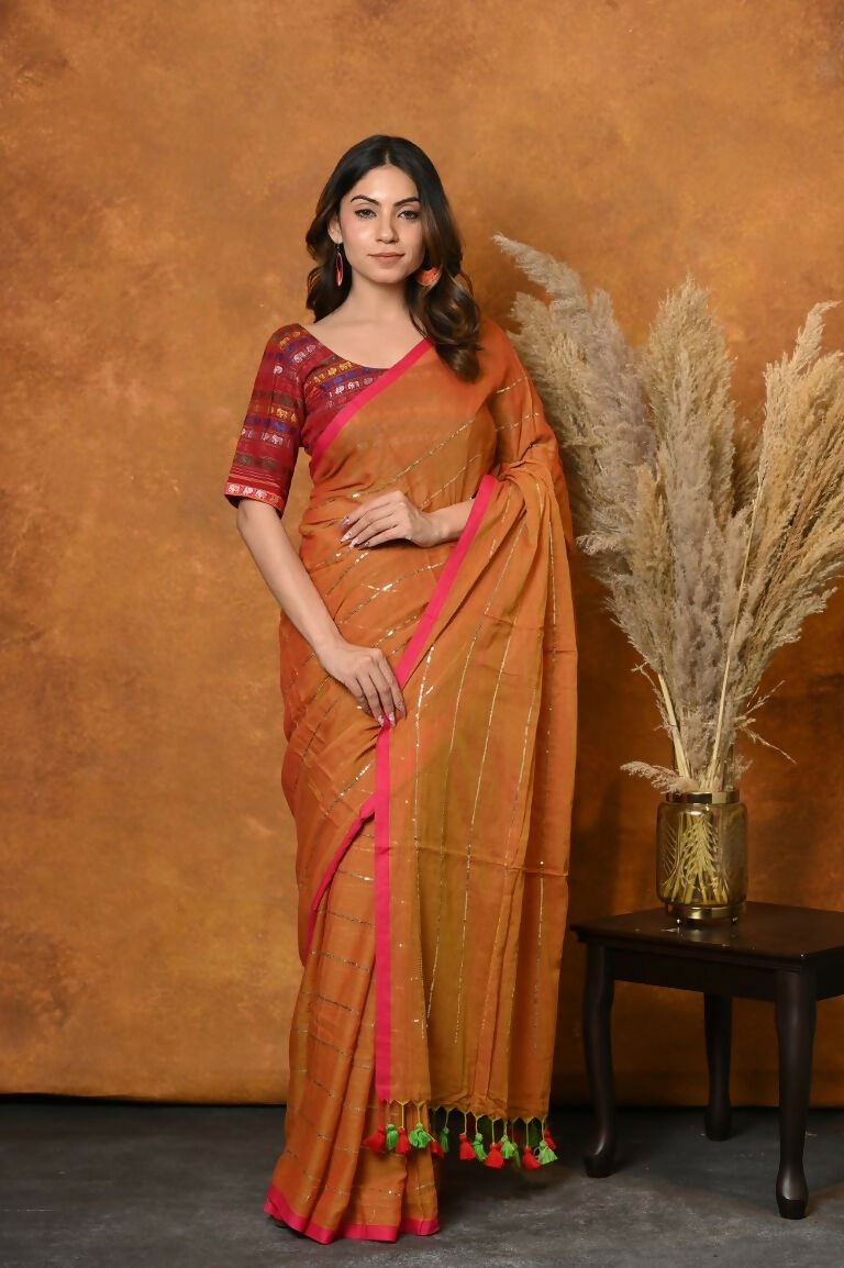 Very Much Indian Designer Mul Cotton Handloom Saree with Sequins - Orange - Distacart