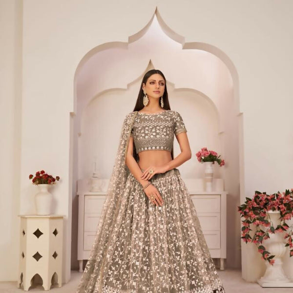 Aastha Fashion Chocolate Brown Butterfly Net White Cotton Thread Work, Zari Work And Sandwich Sequence Work Embroidery Wedding Wear Lehenga Choli - Distacart