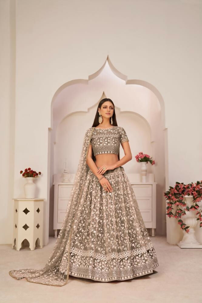 Aastha Fashion Chocolate Brown Butterfly Net White Cotton Thread Work, Zari Work And Sandwich Sequence Work Embroidery Wedding Wear Lehenga Choli - Distacart