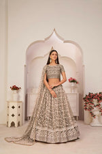 Thumbnail for Aastha Fashion Chocolate Brown Butterfly Net White Cotton Thread Work, Zari Work And Sandwich Sequence Work Embroidery Wedding Wear Lehenga Choli - Distacart