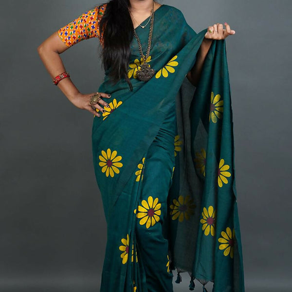 Exclusive Collection Green Pure Cotton Saree With Sunflower Design