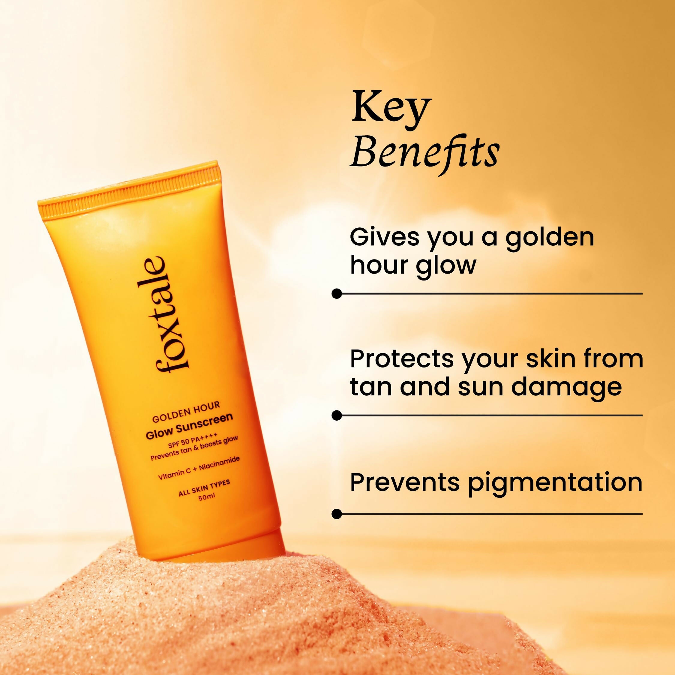 Foxtale Glow Sunscreen SPF 50 PA++++ Lightweight With Vitamin C And Niacinamide For a Dewy Glow, UVA And UVB Filters Prevents Tan - Distacart