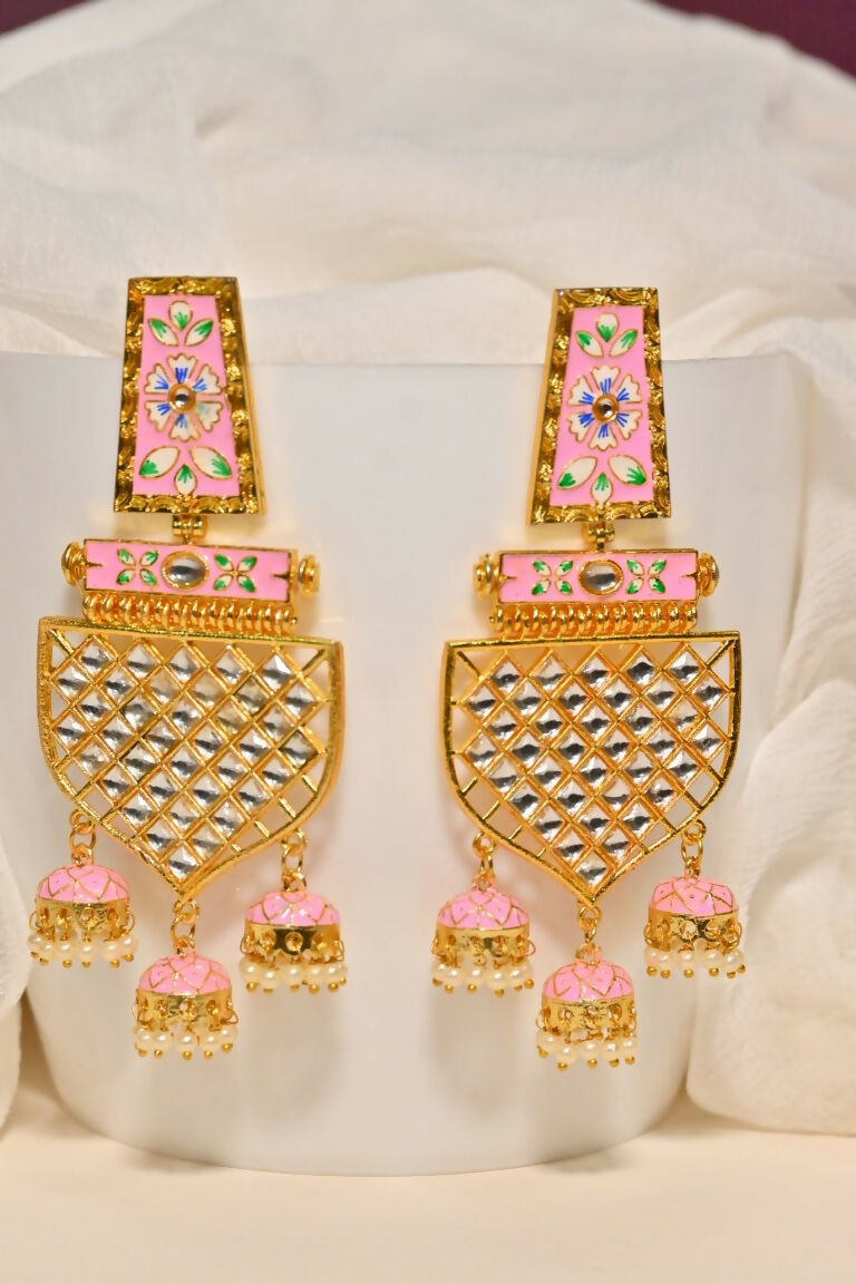 Pink Traditional Gold-Polished Meenakari Jhumka Jhumki Earrings Indian Jewellery For Women Girls By House of Ree - Distacart
