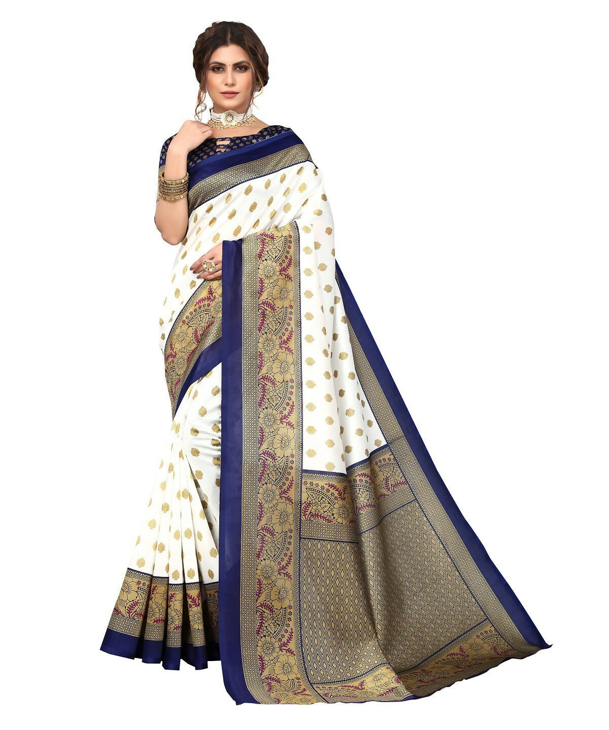 Vamika white & navy Printed Art Silk Saree - Distacart