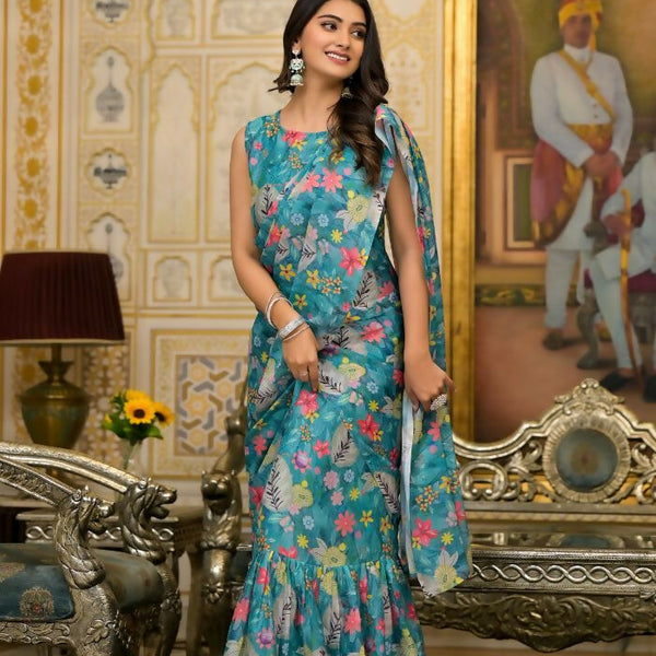 Partywear Designer Teal Slime Georgette Fancy Saree - Anbazaar - Distacart