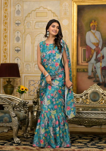 Partywear Designer Teal Slime Georgette Fancy Saree - Anbazaar - Distacart